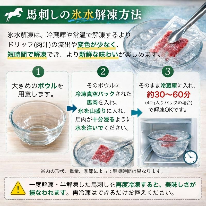 熊本鮮馬刺し 2点食べ比べセット 計160g（赤身40g×2・霜降り40g×2） カット済み 専用タレ付き 商品画像 9