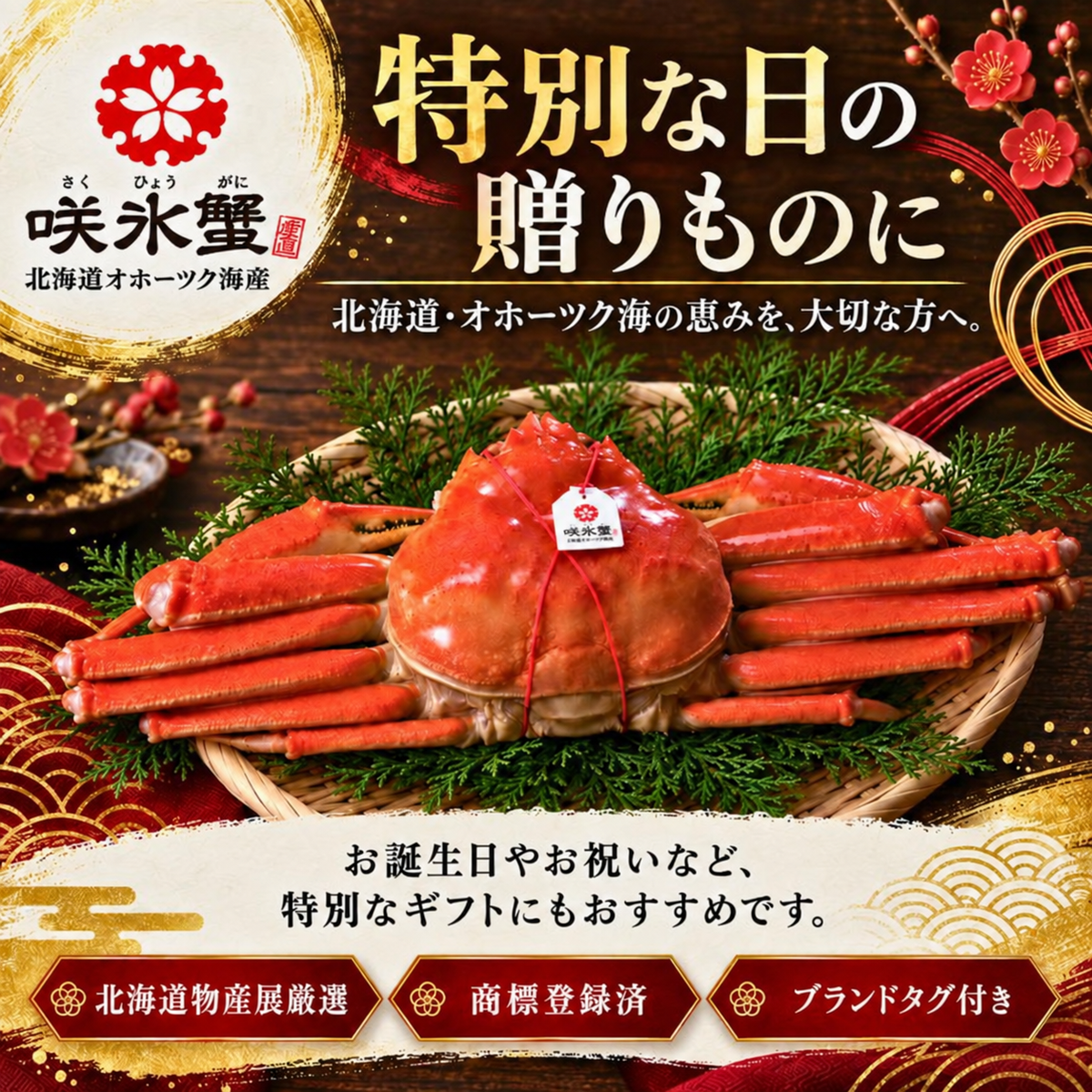 北海道オホーツクのズワイガニ『咲氷蟹』 2尾 計1.3kg