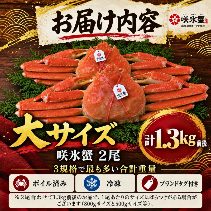 北海道オホーツクのズワイガニ『咲氷蟹』 2尾 計1.3kg